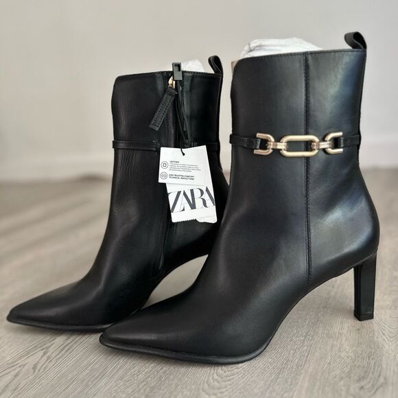Zara Shoes - Zara Heeled Leather Ankle Boots New